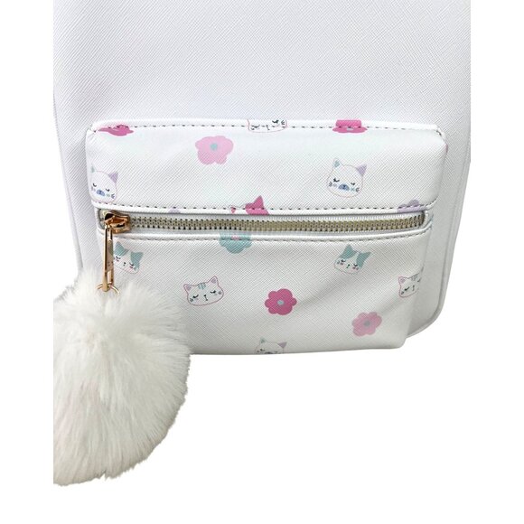 Under One Sky Decorative White Backpack Cute Cat & Flower Print Pom Pom Accent - Picture 5 of 11